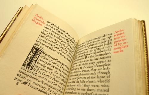 The Text: A Kelmscott Press Production, using their "Golden" Type Style (designed by Morris), with Red Marginals and Woodcut Initials throughout, printed 1893
