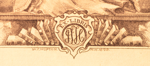 Enlarged Detail of the Bookplate, showing "J T H" and the mark of W. F. Hopson, the engraver