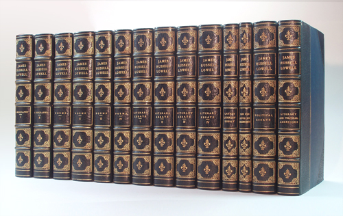James Russell Lowell "The Complete Works"; 1890 The Riverside Press, Cambridge, 8vo in three-quarter Deep Blue Crushed Morocco and Blue Buckram; copy 128 from an edition of 300; Six Panels Spines Extra-gilt