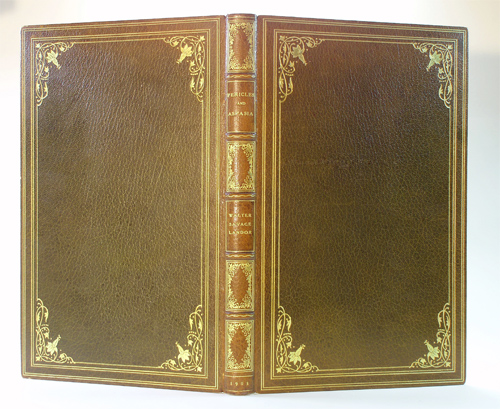 "Pericles and Aspasia"; Tall Folio in Light Green Crushed Morocco, Extra Gilt Boards and Spine Compartments.  Spine lightly Sunned, as is often sadly typical with this shade of green, perhaps the most fugitive of the dyes used during the period.